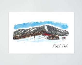 May include: Watercolor painting of a snowy mountain scene with a red ski lift building and the text "North Peak" at the bottom.