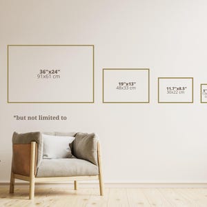 May include: A wall with four different sized frames showing the dimensions of prints available in inches and centimetres. The text "*but not limited to" is below the frames.