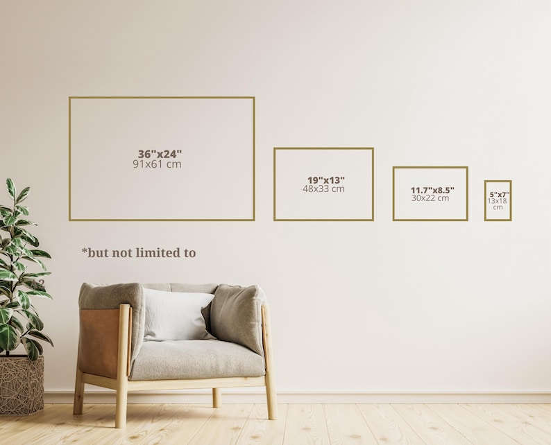 May include: A wall with four different sized frames showing the dimensions of prints available in inches and centimetres. The text "*but not limited to" is below the frames.