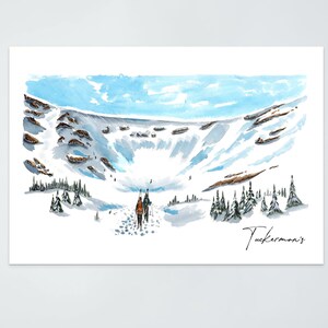 May include: A watercolour painting of a snowy mountain landscape with two hikers walking up a trail. The sky is blue with white clouds. The mountain is covered in snow and has a large, open area in the centre. The text "Tuckerman's" is written in the bottom right corner.