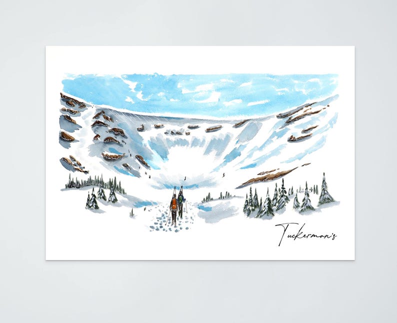 May include: A watercolour painting of a snowy mountain landscape with two hikers walking up a trail. The sky is blue with white clouds. The mountain is covered in snow and has a large, open area in the centre. The text "Tuckerman's" is written in the bottom right corner.