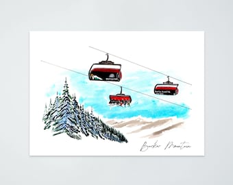 May include: A watercolor illustration of a ski resort with three red and black ski lifts against a blue sky. The ski lifts are ascending a mountain with a snowy peak. The text "Barker Mountain" is written in black at the bottom of the image.