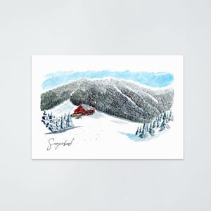 Allyn's Lodge Sugarbush Ski Resort - Aquarelle et impression à l'encre, Vermont *** Nouveau cadeau de ski ***