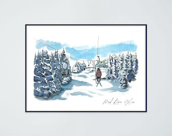 Mad River Glen Ski Resort Art Print: Vermont Watercolor and Ink
