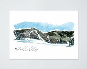 May include: Watercolor painting of Waterville Valley, featuring a snow-covered mountain range with ski slopes and evergreen trees. The sky is a light blue with watercolor clouds. The text "Waterville Valley" is written in cursive at the bottom.