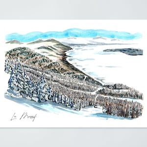 May include: Watercolour painting of a snow-covered mountain landscape. The artwork depicts a ski resort with a blue sky, snow-covered trees, and a ski lift. The text "Le Massif" is written in the bottom left corner.