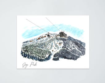 May include: A watercolor painting of a ski resort with a chairlift going up to the top of a mountain. The mountain is covered in snow and trees. The text "Joy Peak" is written in the bottom left corner of the painting.