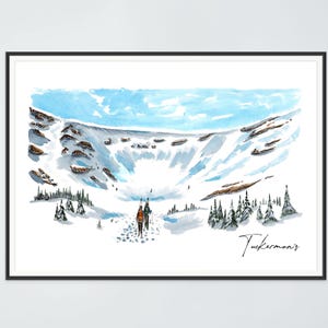 May include: A watercolour painting of a snowy mountain landscape with two hikers walking up a trail. The sky is blue with white clouds. The mountain is covered in snow and there are trees on the sides of the trail. The painting is signed "Tuckerman's" in the bottom right corner.
