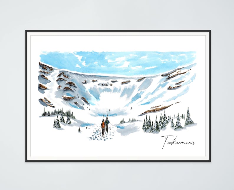 May include: A watercolour painting of a snowy mountain landscape with two hikers walking up a trail. The sky is blue with white clouds. The mountain is covered in snow and there are trees on the sides of the trail. The painting is signed "Tuckerman's" in the bottom right corner.