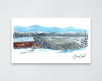 May include: A watercolor painting of a snowy mountain landscape featuring a brown cabin with a snow-covered roof, evergreen trees, and distant blue mountains. The word Gunstock is written in black cursive script in the lower right corner.