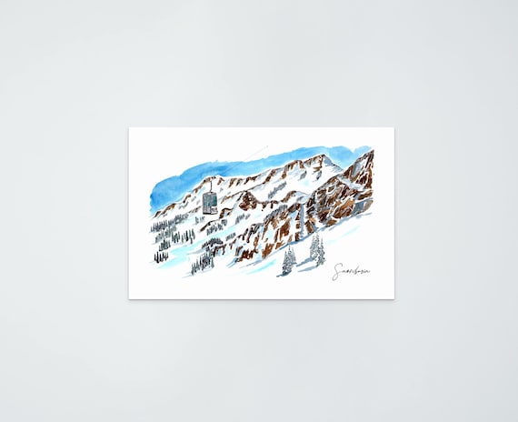 Snowbasin Allen Peak Tram Watercolor and Ink Print Ski Resort Art  