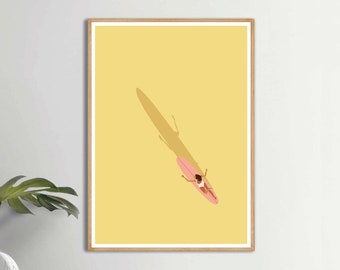 Golden Hour Surf, Female Surfer, Scandinavian Print, Wall Decor, Surfboard, Surf Art, Minimalist Poster, Modern Wall Art, Yellow Poster