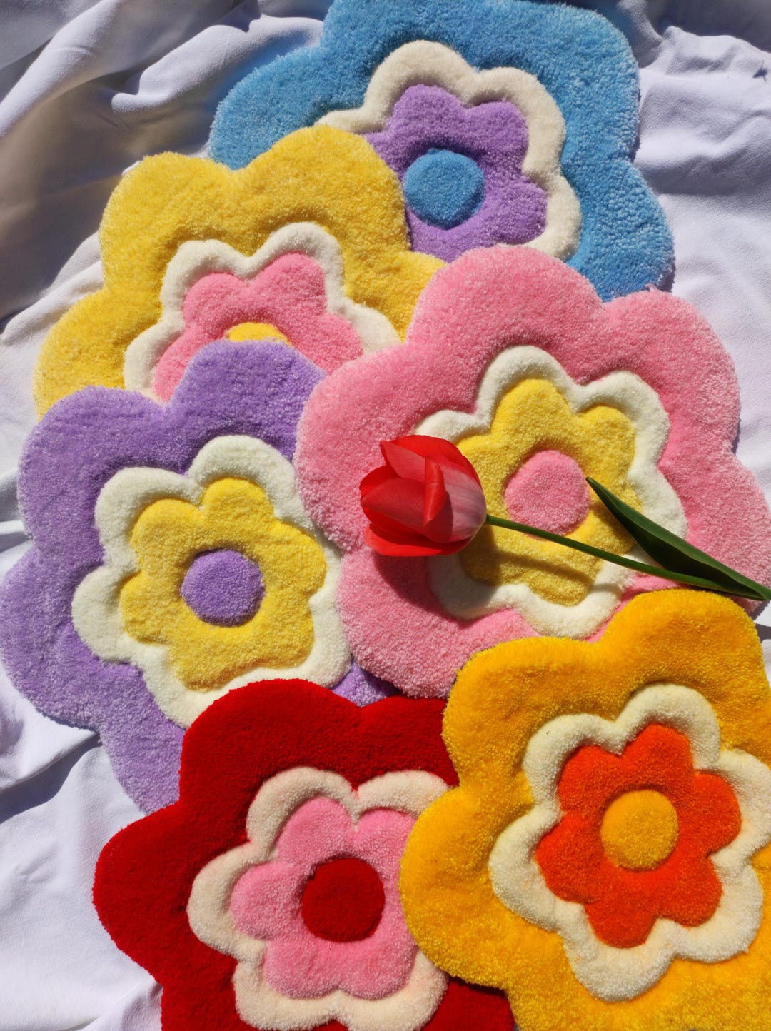 Handmade Tufted Flower Rug, Colorful Tufted Flower, Pastel Flower ...