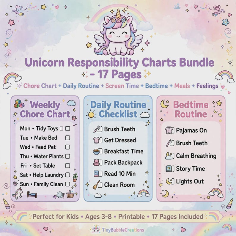 Unicorn Responsibility Chart Bundle | Kids Chore Chart Printable - Etsy UK