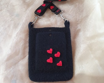 Black felted bag with hearts, shoulder bag, handbag, gift for Mother's Day, birthday, Easter, many occasions, for me