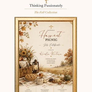 Może przedstawiać: Oprawione zaproszenie na piknik żniwny z jesiennymi ilustracjami słoneczników, dyń, kosza piknikowego i latarni. Tekst zawiera 'Join Us For A Harvest Picnic', 'Kendra Victoria' oraz szczegóły wydarzenia na tle wiejskiego krajobrazu.