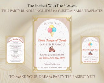 Pakket met ijsthema voor een verjaardagsfeest | Pastelblauwe Canva-sjablonen (digitale download)