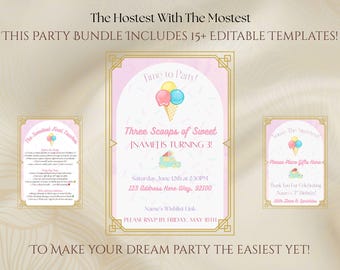Op de afbeelding: Een feestpakket met bewerkbare sjablonen. Het ontwerp heeft een roze en gouden kleurenschema met illustraties van ijshoorntjes. De tekst bevat "Time to Party!" en "Three Scoops of Sweet". De bundel bevat uitnodigingen en andere feestelementen.