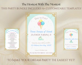 Op de afbeelding: Feestpakket met aanpasbare sjablonen. De belangrijkste uitnodiging toont een ijshoorntje met drie bolletjes en de tekst "Time to Party!" in een decoratief kader. Extra kaarten zijn onder meer een planner en een cadeautafelbord. Het kleurenschema is pastel.