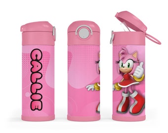 May include: Pink stainless steel water bottle with a straw lid and a pink and white design featuring the character Amy Rose from the Sonic the Hedgehog video game series. The bottle has the name "Callie" printed on the side.