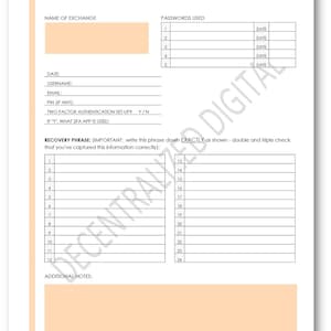 Crypto Purchase & Exchange Log | 2-Page PDF Download | Recovery Phrase Sheet, Wallet Tracker, Minimalist Crypto Printable, Orange