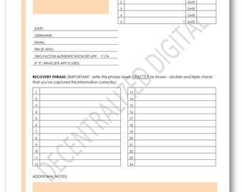 Krypto Kauf & Börse Log | 2-Seiten PDF Download | Reverse-Phrase-Bogen, Brieftaschen-Tracker, minimalistisches Krypto-Printable, orange