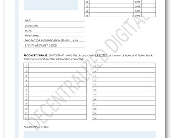 Krypto Kauf & Börse Log | 2-Seiten PDF Download | Reverse-Phrase-Bogen, Brieftaschen-Tracker, minimalistisches Krypto-Printable, blau
