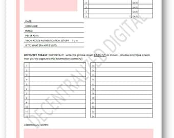 Krypto Kauf & Börse Log | 2-Seiten PDF Download | Genesungs Phrasenblatt, Brieftaschen-Tracker, Minimalistisches Krypto-Printable, Rosa