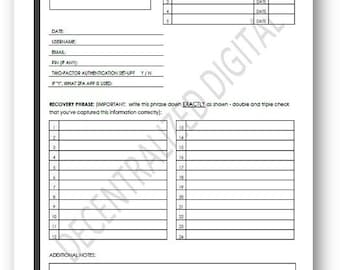 Krypto Kauf & Börse Log | 2-Seiten PDF Download | Genesungs Phrasenblatt, Wallet Tracker, Minimalist Krypto Printable