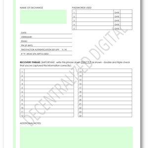 Crypto Purchase & Exchange Log | 2-Page PDF Download | Recovery Phrase Sheet, Wallet Tracker, Minimalist Crypto Printable, Green