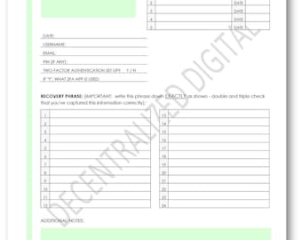 Krypto Kauf & Börse Log | 2-Seiten PDF Download | Genesungs Phrasenblatt, Wallet Tracker, Minimalist Krypto Printable, Grün