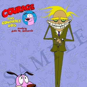 Puede incluir: Un perro de dibujos animados rosa con orejas grandes y una expresión asustada se encuentra frente a un hombre alto y delgado con una sonrisa siniestra. El hombre lleva un traje verde y tiene el pelo rubio. El fondo es un patrón morado con un diseño repetitivo. El texto "Courage el perro cobarde" está en la parte superior de la imagen.