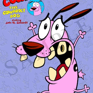 May include: A pink cartoon dog with big eyes and a wide open mouth, running and looking scared. The dog is on a purple background with a pattern of smaller cartoon dogs. The text "COURAGE THE COWARDLY DOG" is at the top of the image.