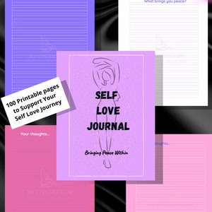 Könnte beinhalten: Ein druckbares Selbstliebe-Tagebuch mit 100 Seiten. Der Einband zeigt einen rosa und violetten Hintergrund mit einer stilisierten Umrandung einer Person. Der Text "SELF LOVE JOURNAL" ist in Schwarz und der Text "Bringing Peace Within" ist in Weiß.