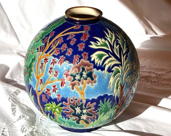 Vase in enamels of LONGWY, Middle Tropic by Florence MICHEL, Floral, limited collection of 150 copies, made in France,