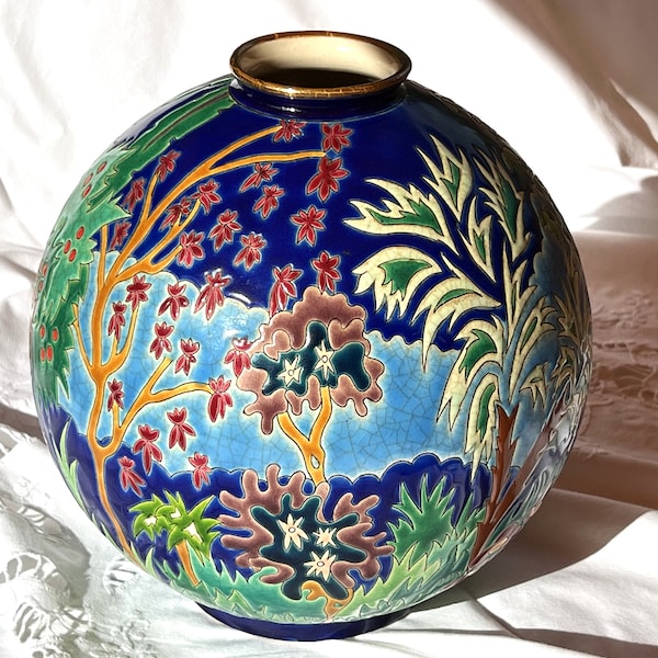 Vase in enamels of LONGWY, Middle Tropic by Florence MICHEL, Floral, limited collection of 150 copies, made in France,