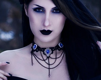 Ice Queen Black Lace Necklace with Blue and White Rhinestones with Black Draped Chains Gothic Victorian Style by Plamendura Art