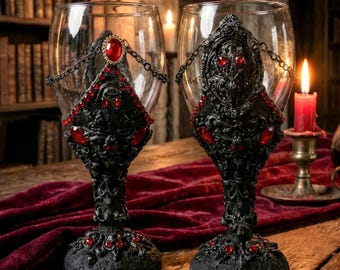 Raven Skulls One-of-a-Kind Gothic Royalty Wine Glass Handmade Collectible Goblet Chalice by Plamendura Art