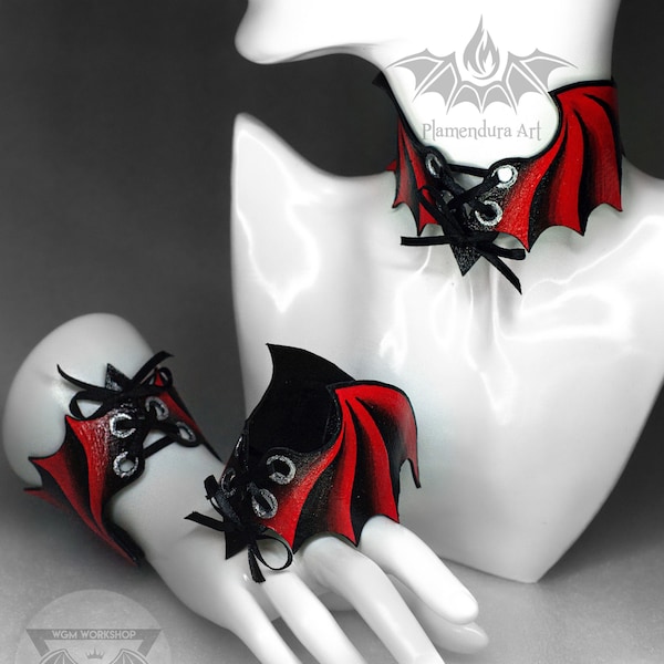 RED BAT WINGS Corset Set Choker & Bracelets Hand-Painted Cuffs | Gothic Dark Handmade  Artwork for Goth Fashion Halloween by Plamendura Art