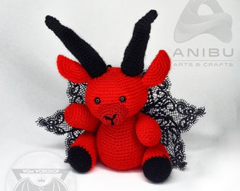 Knitted Goat in Red and Black | Wicca Pagan Spooky Occult Fan Toy and Decoration Handmade Collectible by ANIBU Arts & Crafts
