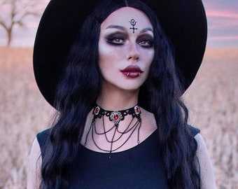 Black Lace Rhinestone Necklace: Gothic Victorian Draped Chain Choker