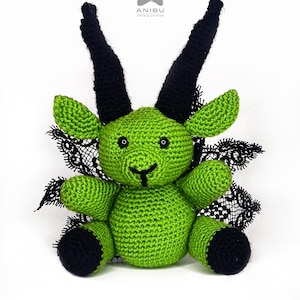 Knitted Goat in Green and Black | Wicca Pagan Spooky Occult Fan Toy and Decoration Handmade Collectible by ANIBU Arts & Crafts