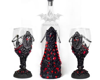 Raven Skulls Glass Bottle & Goblet Chalice One-of-a-Kind Royalty Gothic Handmade Wine Collectible by Plamendura Art