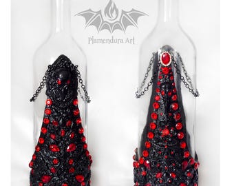 Raven Skulls One-of-a-Kind Royalty Gothic Handmade Collectible Wine Bottle by Plamendura Art