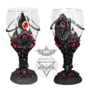 Raven Skulls One-of-a-Kind Gothic Royalty Wine Glass Handmade Collectible Goblet Chalice by Plamendura Art