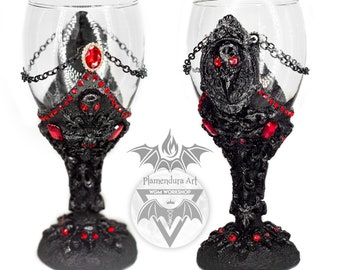 Raven Skulls One-of-a-Kind Gothic Royalty Wine Glass Handmade Collectible Goblet Chalice by Plamendura Art