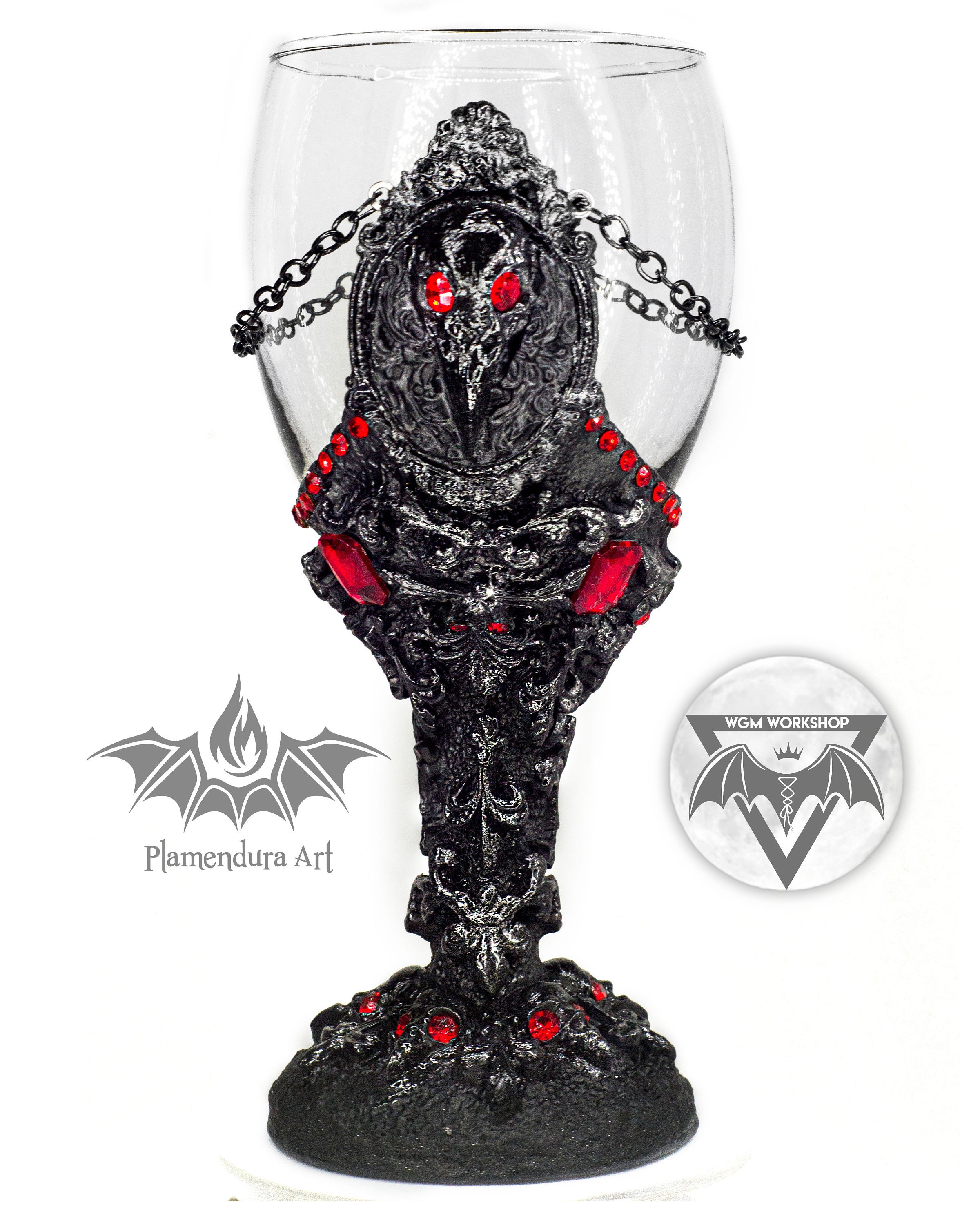 Raven Skulls One-of-a-kind Gothic Royalty Wine Glass Handmade
