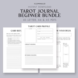 May include: A printable tarot journal beginner bundle with a black and white design. The journal includes a tarot card profile page and a "know your deck" page. The journal is available in US Letter, A4, and A5 sizes.