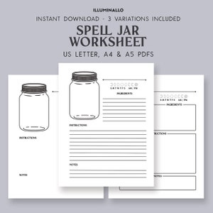 Spell Jar, Spell Jar Printable Worksheet, Magic Worksheet Printable, Grimoire Pages, Grimoire Pages Printable, Spell Work, Worksheet PDF