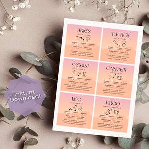 May include: A printable set of 12 zodiac signs with their symbols, ruling planets, and key characteristics. Each sign is displayed on a pink and orange gradient background with a white border.